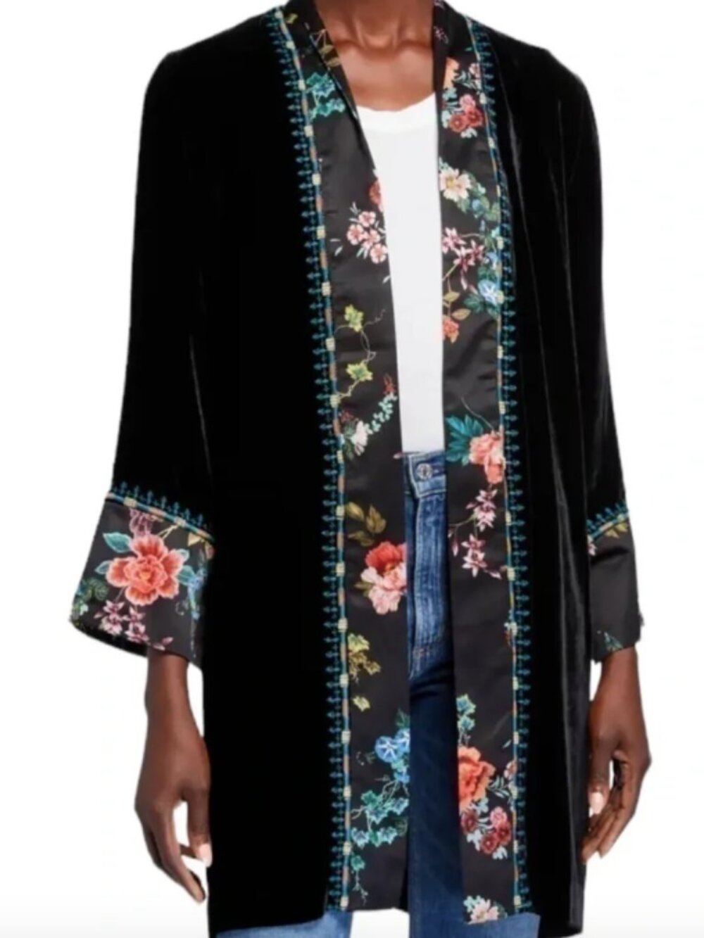 Johnny Was Workshop Velvet Floral Trim Kimono Black XXL